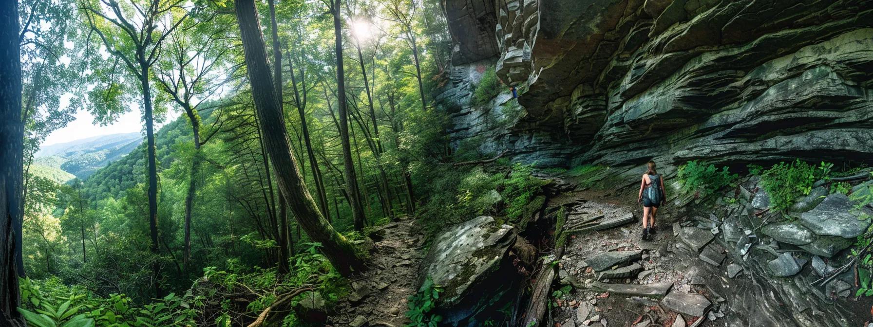 a determined hiker navigates a steep, rocky trail in the blue ridge mountains, surrounded by dramatic cliffs and expansive vistas, epitomizing the thrill of advanced outdoor adventure. a determined hiker navigates a steep, rocky trail in the blue ridge mountains, surrounded by dramatic cliffs and expansive vistas, epitomizing the thrill of advanced outdoor adventure.