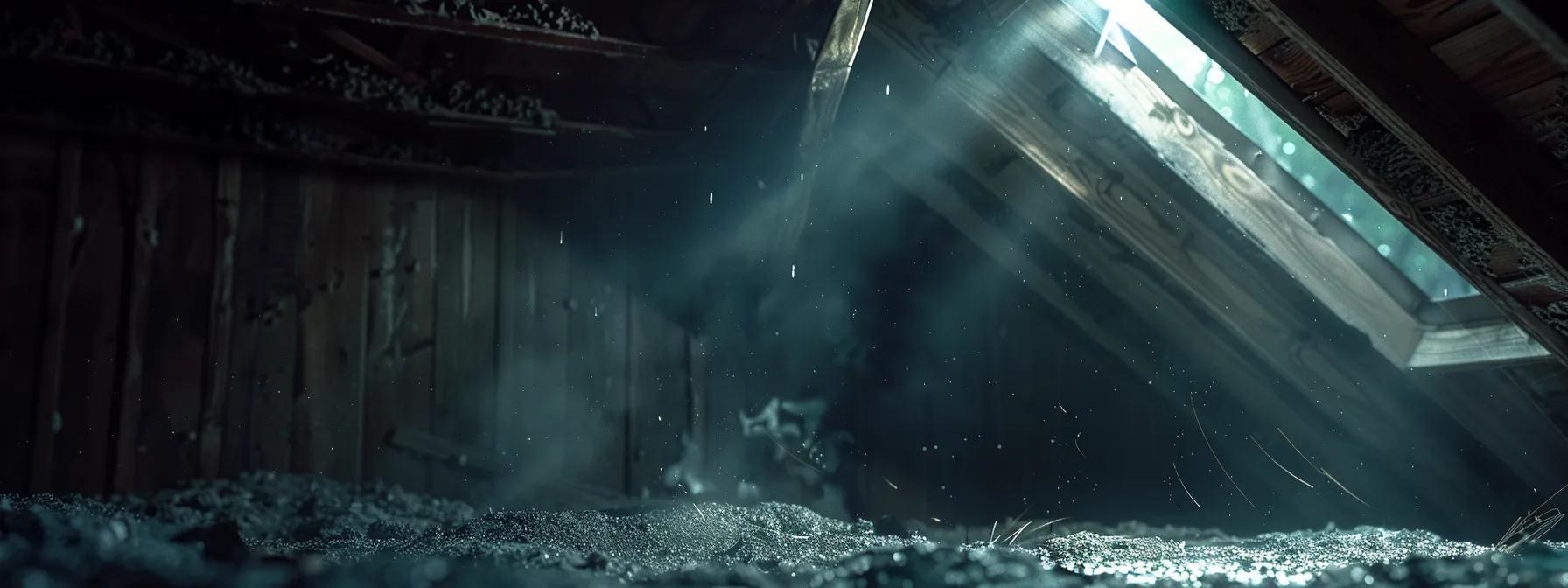 a dimly lit attic reveals water-stained insulation and beams of light filtering through the roof, highlighting areas of potential leaks and pest infestations, as a flashlight illuminates dark corners in a candid inspection setting. a dimly lit attic reveals water-stained insulation and beams of light filtering through the roof, highlighting areas of potential leaks and pest infestations, as a flashlight illuminates dark corners in a candid inspection setting.