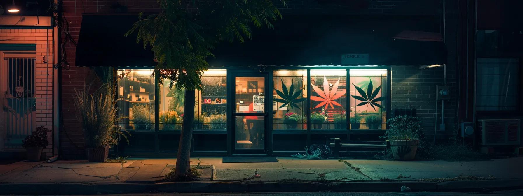 a dimly lit cannabis retail store showcases high-security measures, including surveillance cameras and reinforced windows, while shadows loom, hinting at the potential for theft amid rising burglary concerns in macomb county.