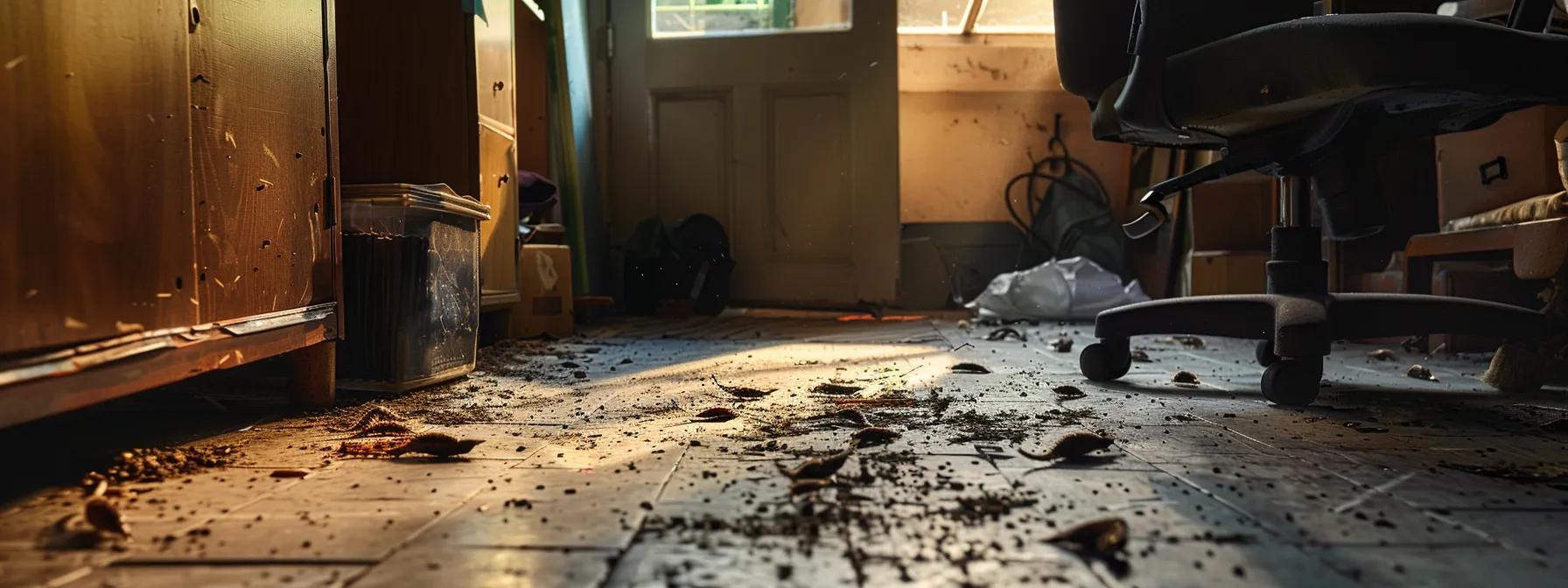 a dimly lit, cluttered office space showcases a pest control professional examining rodent droppings and gnaw marks on a weathered baseboard, highlighting the urgent need for effective pest management in an environment influenced by various seasonal factors.