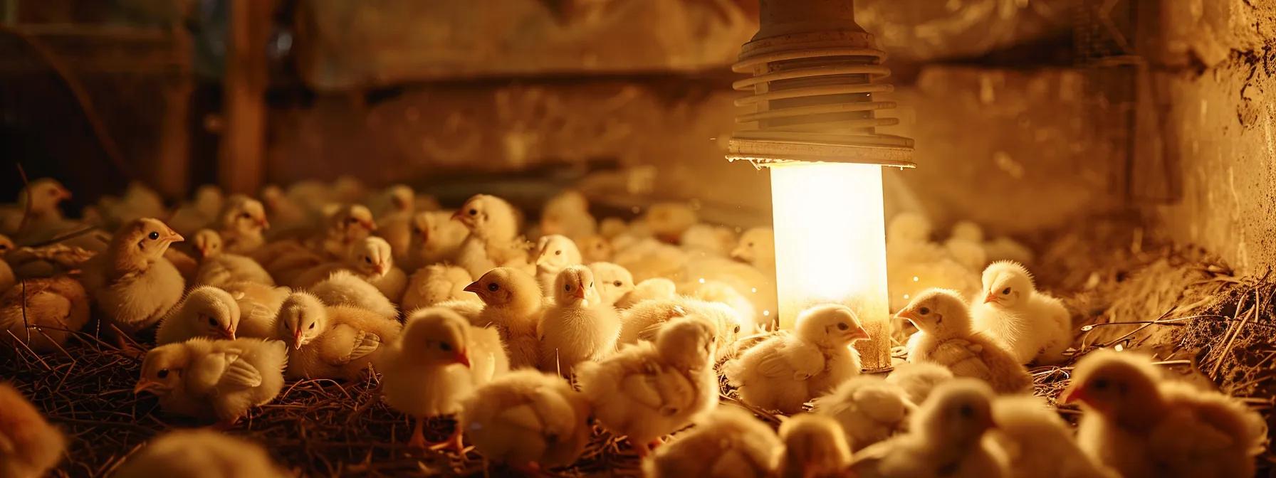 a dimly lit indoor brooder setup featuring a glaring traditional heat lamp casting a harsh, uneven glow over a group of restless chicks, highlighting the stark contrast between the intense light and the shadowy corners of their environment. a dimly lit indoor brooder setup featuring a glaring traditional heat lamp casting a harsh, uneven glow over a group of restless chicks, highlighting the stark contrast between the intense light and the shadowy corners of their environment.