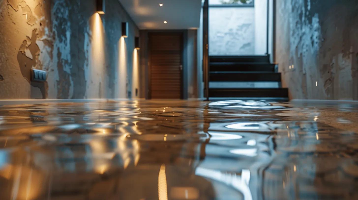 a dimly lit, modern basement with water stains on the walls and a subtle puddle on the floor, highlighting the urgency of hidden leaks and the need for immediate attention to plumbing issues.