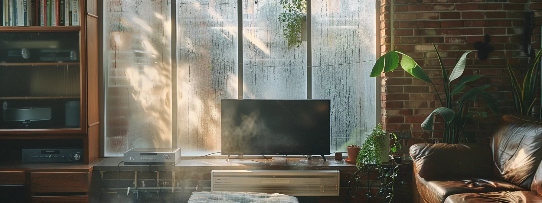 a dimly lit, modern living room with condensation on the windows and an uncomfortable atmosphere, highlighting a malfunctioning air conditioning unit that hints at high humidity and the urgent need for repair. a dimly lit, modern living room with condensation on the windows and an uncomfortable atmosphere, highlighting a malfunctioning air conditioning unit that hints at high humidity and the urgent need for repair.