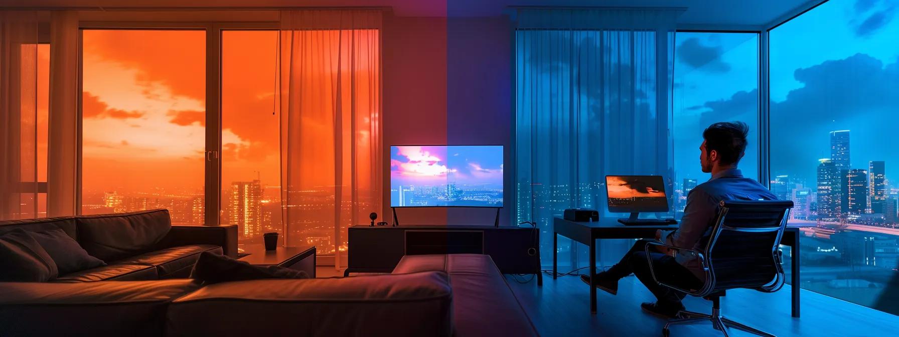 a dimly lit modern office, with an employee seated at a sleek desk, gazing thoughtfully at a flickering computer screen surrounded by clouds of invisible indoor air pollutants, symbolizing the hidden dangers to cognitive health and focus. a dimly lit modern office, with an employee seated at a sleek desk, gazing thoughtfully at a flickering computer screen surrounded by clouds of invisible indoor air pollutants, symbolizing the hidden dangers to cognitive health and focus.