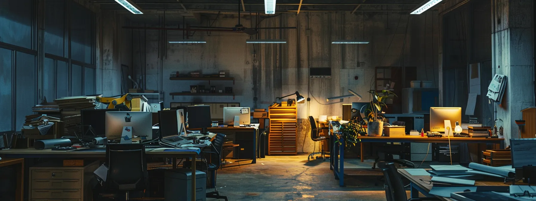 a dimly lit office space with flickering overhead lights and a visibly damaged power outlet, highlighting the urgent need for professional electrical intervention. a dimly lit office space with flickering overhead lights and a visibly damaged power outlet, highlighting the urgent need for professional electrical intervention.
