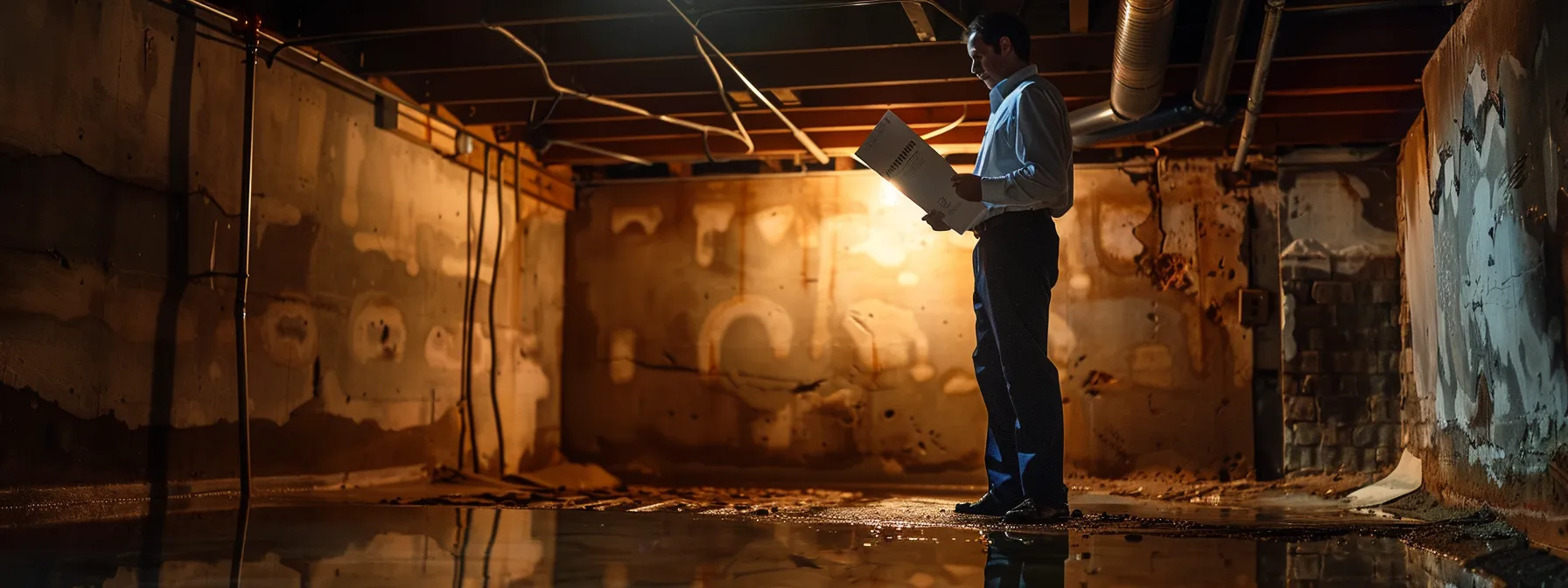 a discerning homeowner stands in a well-lit basement, thoughtfully comparing waterproofing service brochures against a backdrop of wet, shadowy walls, embodying the theme of informed decision-making. a discerning homeowner stands in a well-lit basement, thoughtfully comparing waterproofing service brochures against a backdrop of wet, shadowy walls, embodying the theme of informed decision-making.