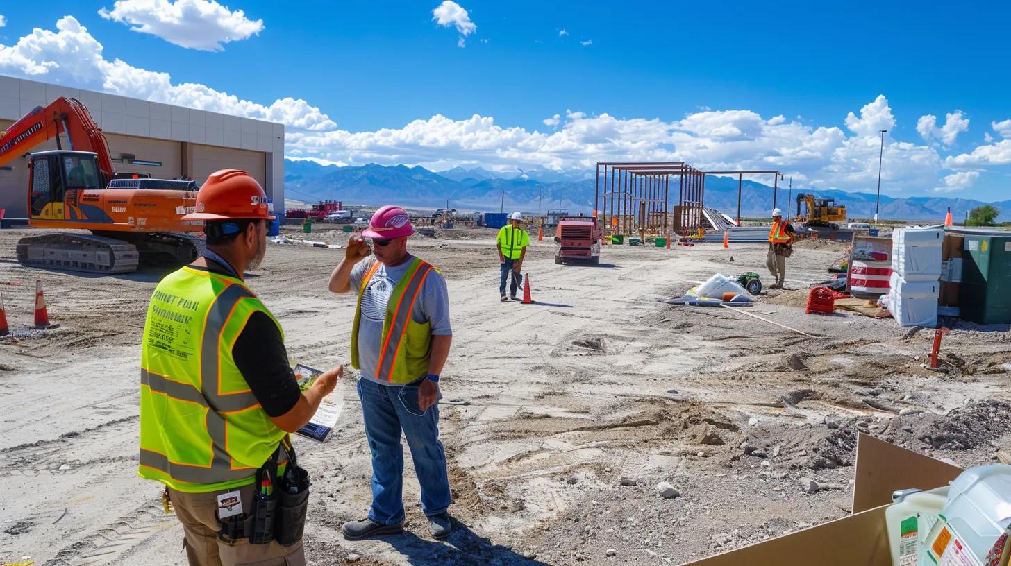 a diverse and focused construction team collaborates on a blueprint at a bustling job site, surrounded by building materials and machinery under a bright blue sky. a diverse and focused construction team collaborates on a blueprint at a bustling job site, surrounded by building materials and machinery under a bright blue sky.