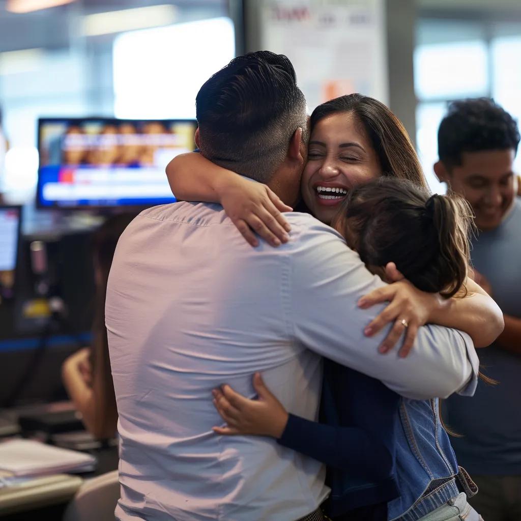 a diverse group of family members joyfully embracing inside a brightly lit immigration office, surrounded by official paperwork and digital screens, symbolizing the emotional journey of navigating the u.s. immigration process.