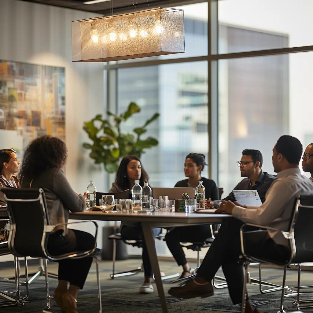 a diverse group of individuals engaged in a focused discussion around a sleek, modern conference table in a well-lit office setting, showcasing a sense of camaraderie and support that emphasizes the positive impact of support groups on health outcomes.