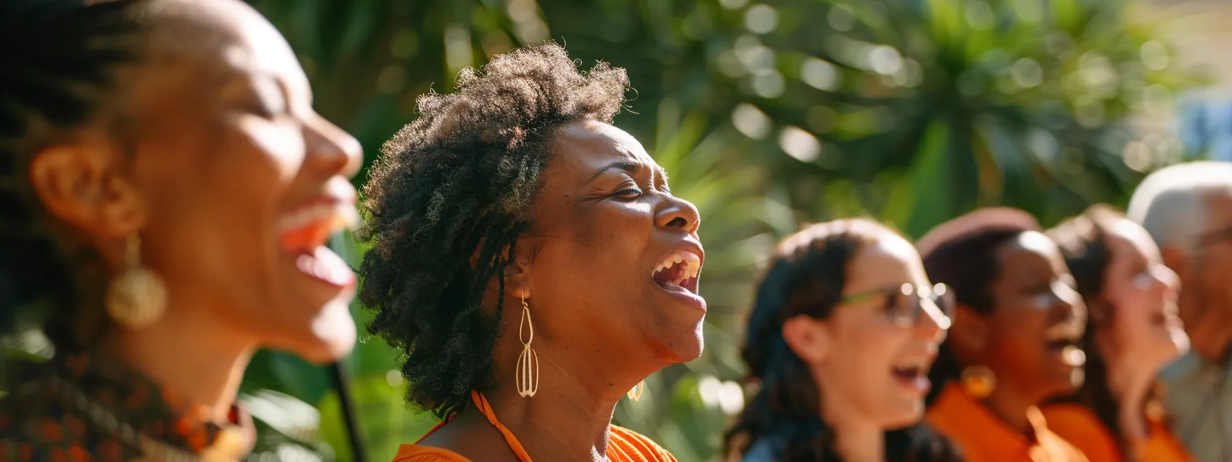 a diverse group of joyful choir members passionately singing together outdoors, surrounded by vibrant greenery, capturing the essence of community connection and cultural celebration in a candid, sunlit moment. a diverse group of joyful choir members passionately singing together outdoors, surrounded by vibrant greenery, capturing the essence of community connection and cultural celebration in a candid, sunlit moment.