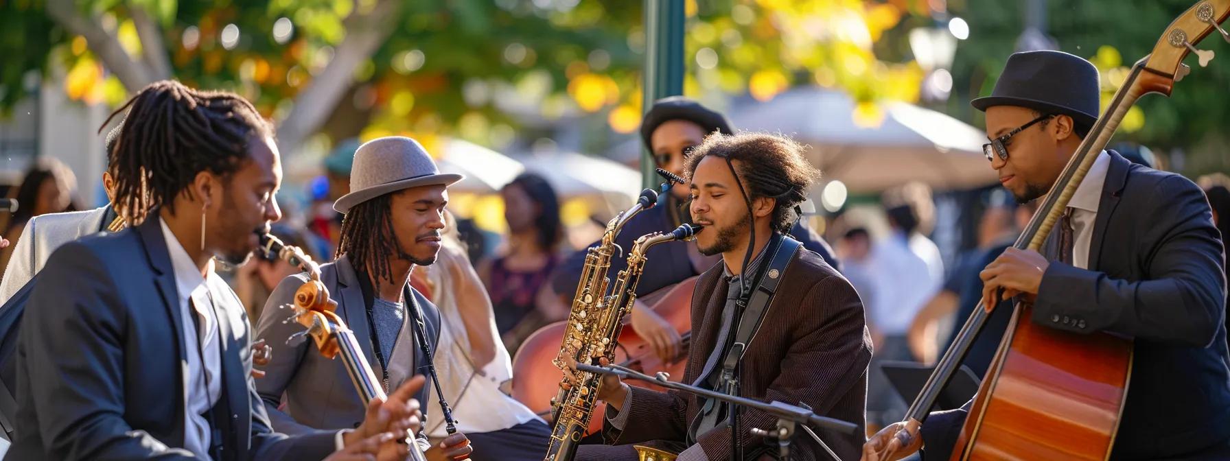 a diverse group of musicians in formal attire, engaging with the local community at a lively outdoor event, showcasing their passion for music and fostering connections. a diverse group of musicians in formal attire, engaging with the local community at a lively outdoor event, showcasing their passion for music and fostering connections.