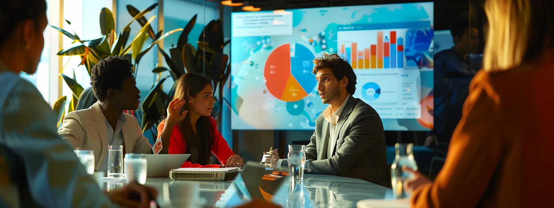 a diverse group of professionals engaging in a dynamic brainstorming session around a sleek conference table, with vibrant charts and collaborative tools displayed, emphasizing a culture of trust and teamwork in a modern office setting.