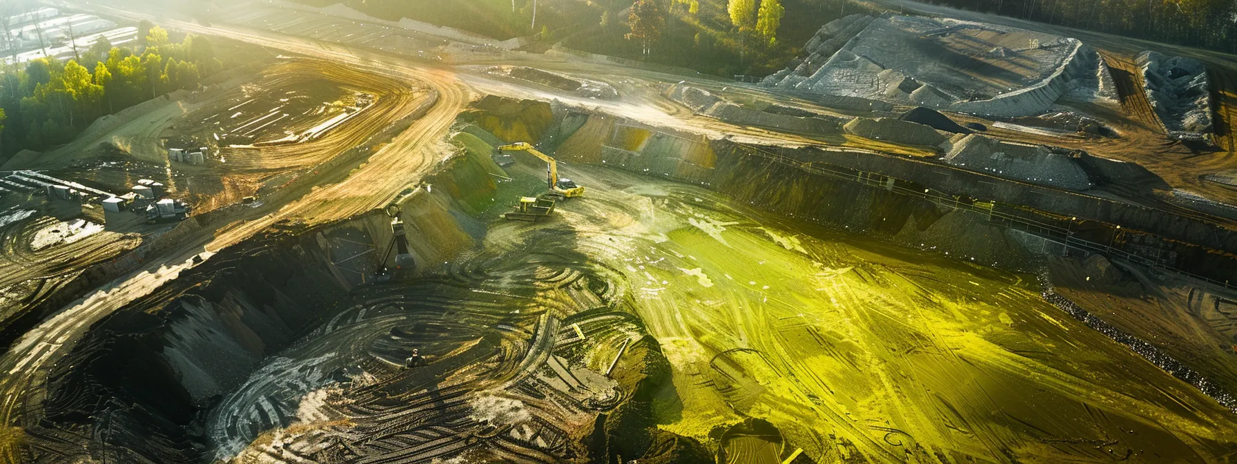a dramatic aerial view of a construction site undergoing a thorough environmental assessment, showcasing an expansive landscape with clear delineations of hazardous material zones and bright green areas marked for sustainable development. a dramatic aerial view of a construction site undergoing a thorough environmental assessment, showcasing an expansive landscape with clear delineations of hazardous material zones and bright green areas marked for sustainable development.