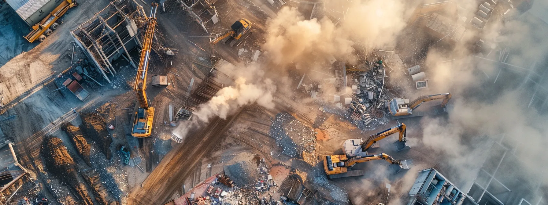 a dramatic aerial view of a bustling demolition site, showcasing heavy machinery at work amid the dynamic interplay of dust clouds against a clear blue sky, symbolizing the transformative power of effective digital visibility strategies.