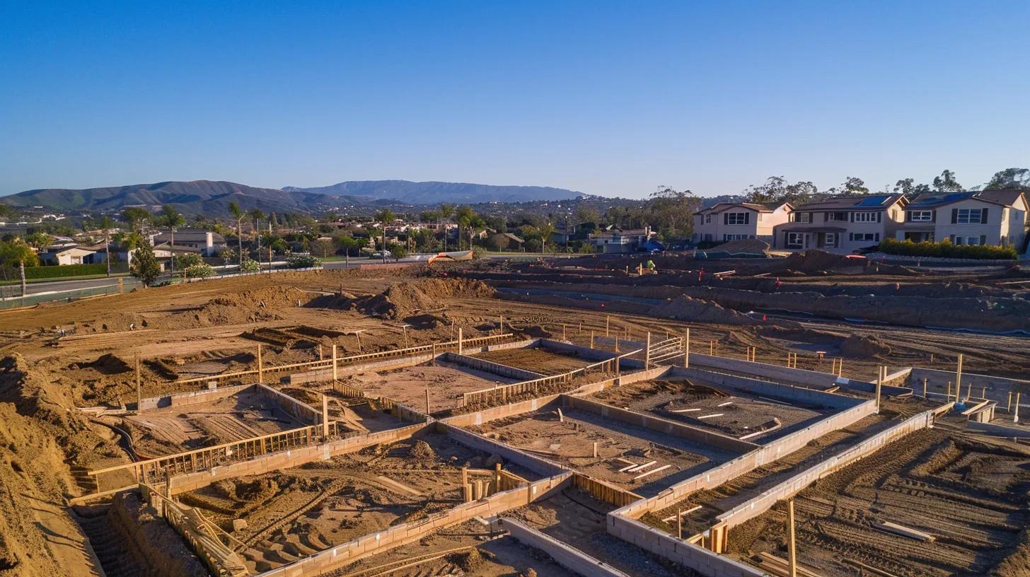 a dramatic aerial view of a custom home construction site, showcasing the meticulously laid foundation walls and framing in progress under a clear blue sky, highlighting the essential phases of home building. a dramatic aerial view of a custom home construction site, showcasing the meticulously laid foundation walls and framing in progress under a clear blue sky, highlighting the essential phases of home building.
