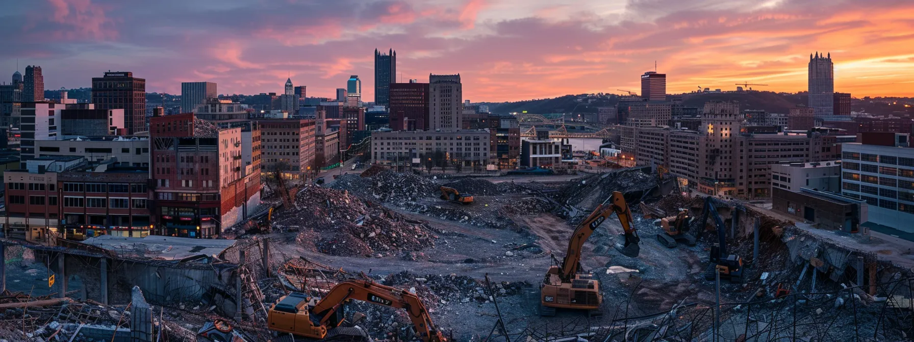 a dramatic cityscape of pittsburgh showcases a towering demolition site, illuminated by the warm glow of sunset, where heavy machinery looms over crumbling structures, embodying the intersection of progress and transformation. a dramatic cityscape of pittsburgh showcases a towering demolition site, illuminated by the warm glow of sunset, where heavy machinery looms over crumbling structures, embodying the intersection of progress and transformation.