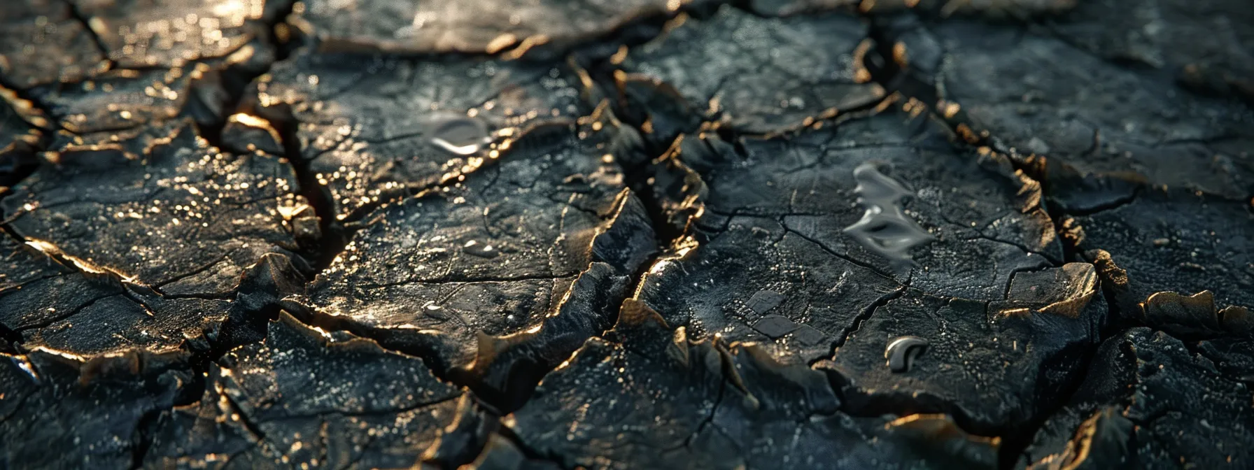 a dramatic close-up of cracked asphalt with visible spalling and pooled water, illuminated by soft, natural light to emphasize the advanced deterioration and urgent need for repair.