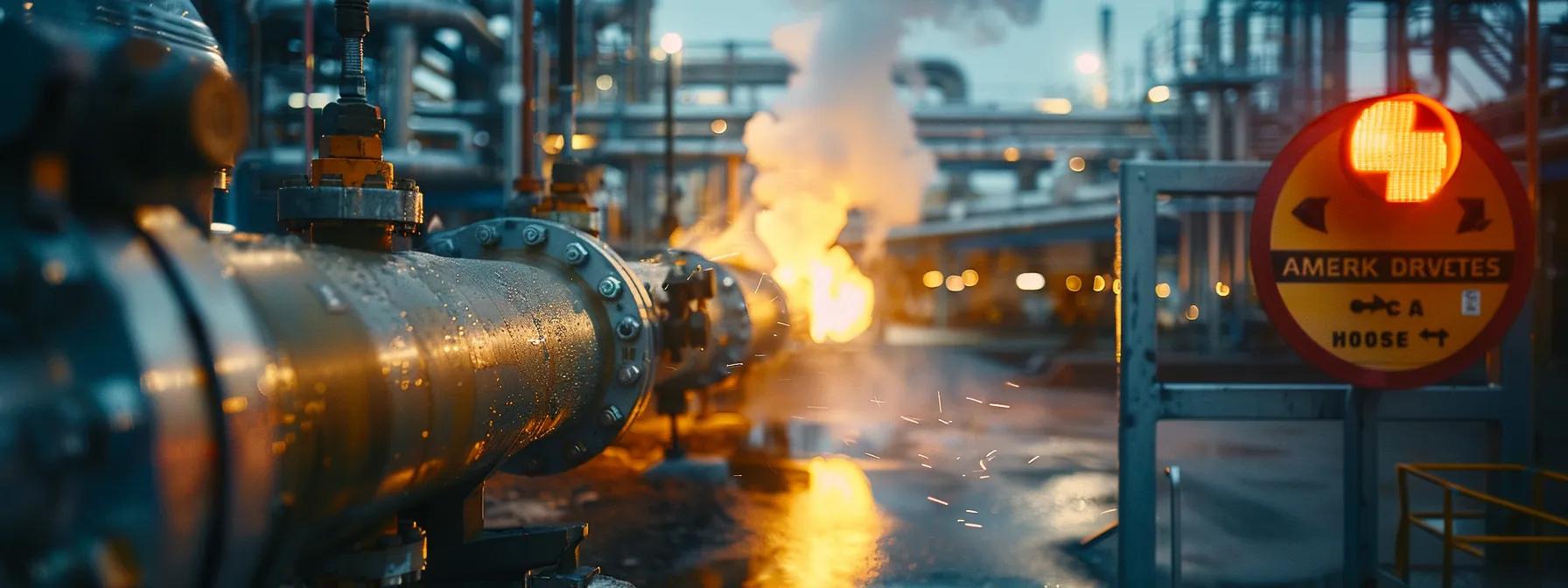 a dramatic close-up of a gas leak in a dimly lit industrial setting, showcasing a visible hissing gas line surrounded by warning signs and safety equipment, emphasizing the urgency and danger of the situation. a dramatic close-up of a gas leak in a dimly lit industrial setting, showcasing a visible hissing gas line surrounded by warning signs and safety equipment, emphasizing the urgency and danger of the situation.