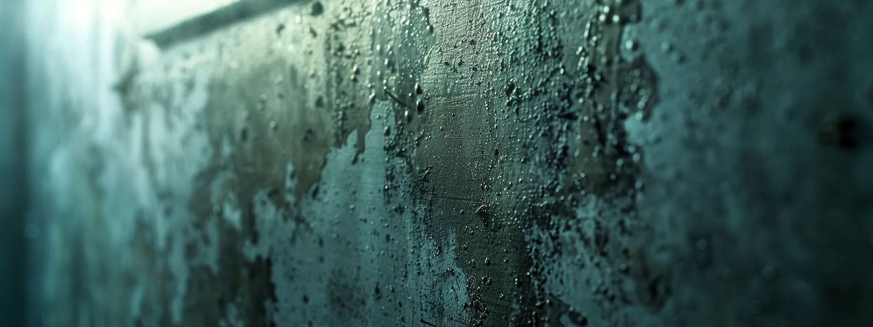 a dramatic close-up of a dark, textured mold patch creeping along a damp wall in a dimly lit room, highlighting the urgent need for mold inspection and remediation in a fort mill, sc home.