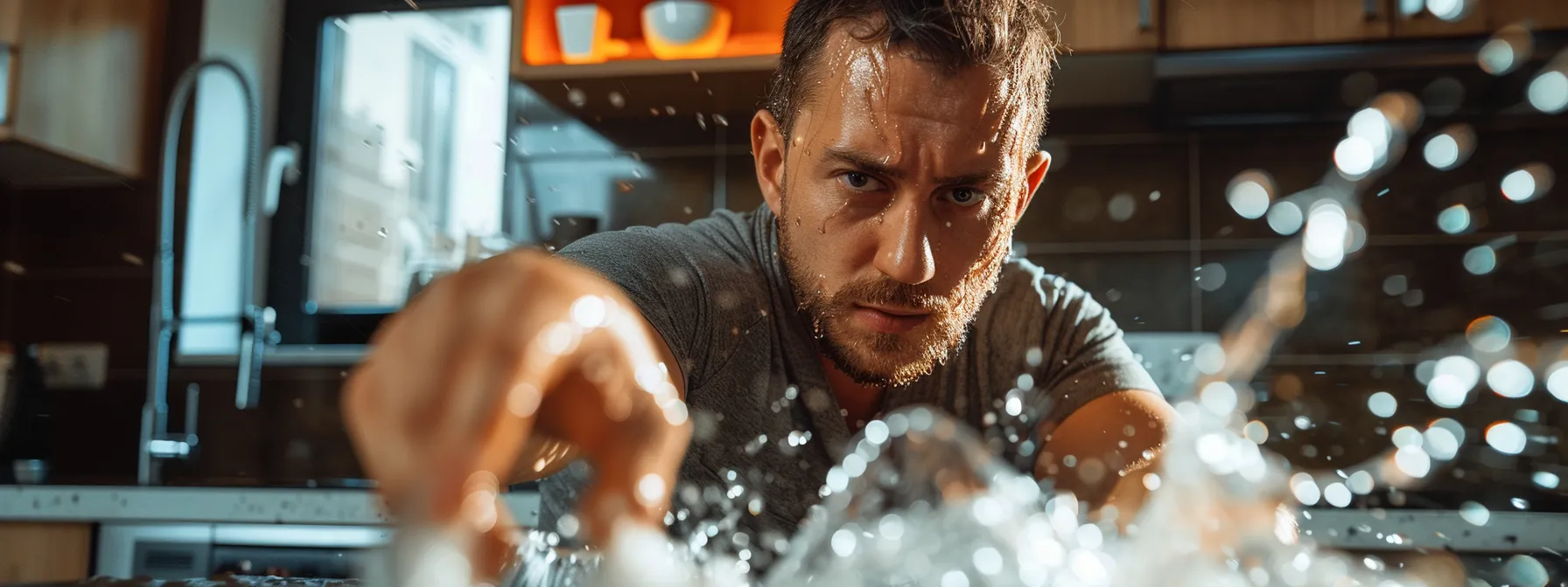 a dramatic close-up of a distressed homeowner in a sleek, modern kitchen, urgently pointing at a burst pipe with water gushing out, highlighting the seriousness of immediate plumbing emergencies. a dramatic close-up of a distressed homeowner in a sleek, modern kitchen, urgently pointing at a burst pipe with water gushing out, highlighting the seriousness of immediate plumbing emergencies.
