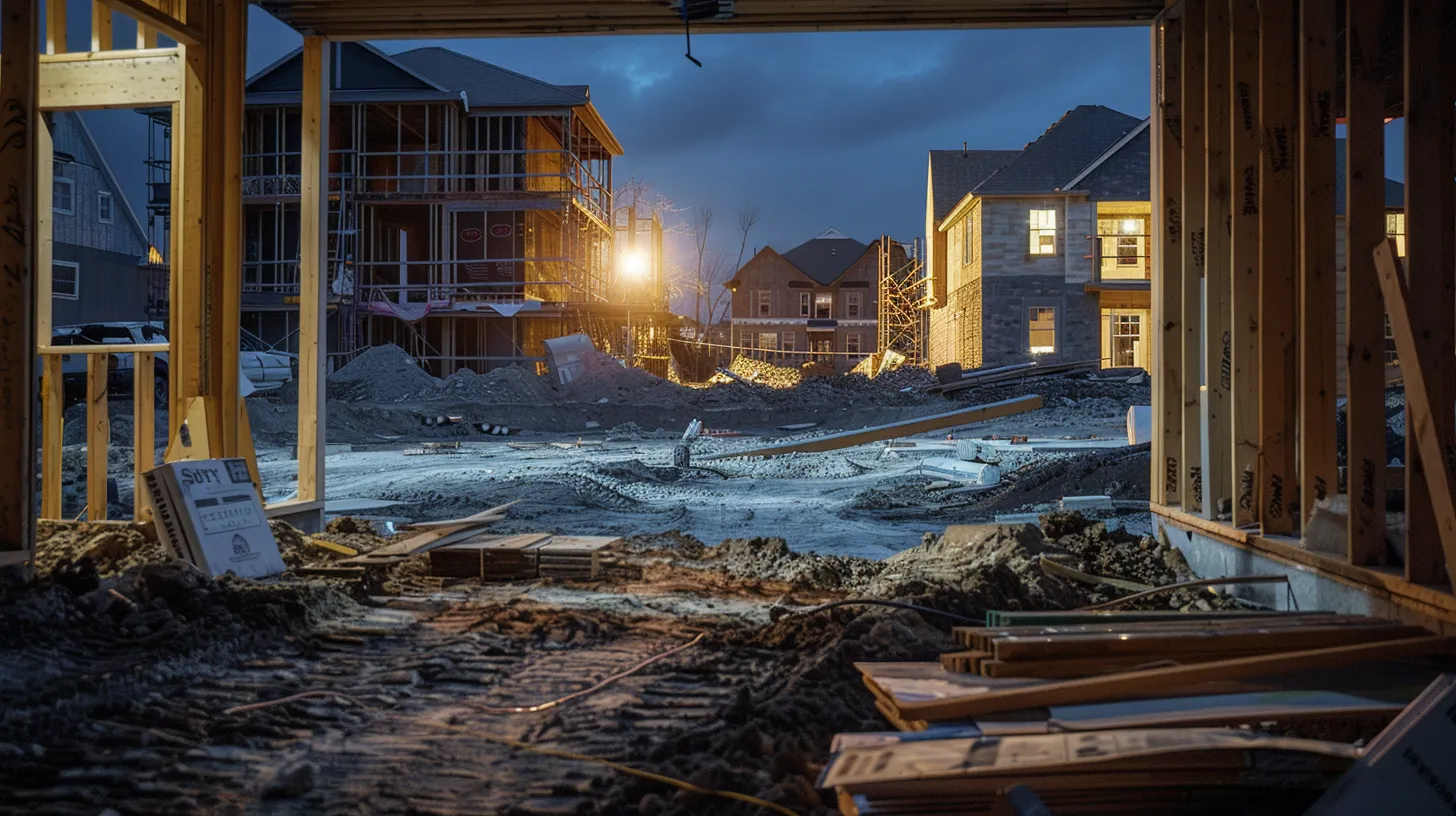 a dramatic, dimly lit construction site embodies an atmosphere of tension, with scattered complaint forms and a backdrop of unfinished homes, symbolizing the haunting consequences of unresolved grievances in custom building projects. a dramatic, dimly lit construction site embodies an atmosphere of tension, with scattered complaint forms and a backdrop of unfinished homes, symbolizing the haunting consequences of unresolved grievances in custom building projects.