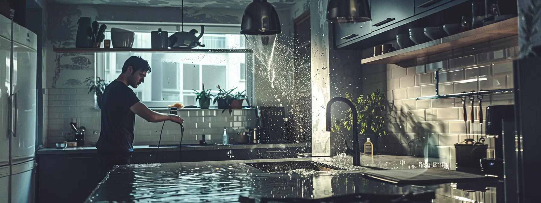 a dramatic indoor scene captures a concerned homeowner in a modern kitchen, swiftly turning off the water supply while water streams from a visible leak in the ceiling, highlighting the urgency of preventing further damage. a dramatic indoor scene captures a concerned homeowner in a modern kitchen, swiftly turning off the water supply while water streams from a visible leak in the ceiling, highlighting the urgency of preventing further damage.