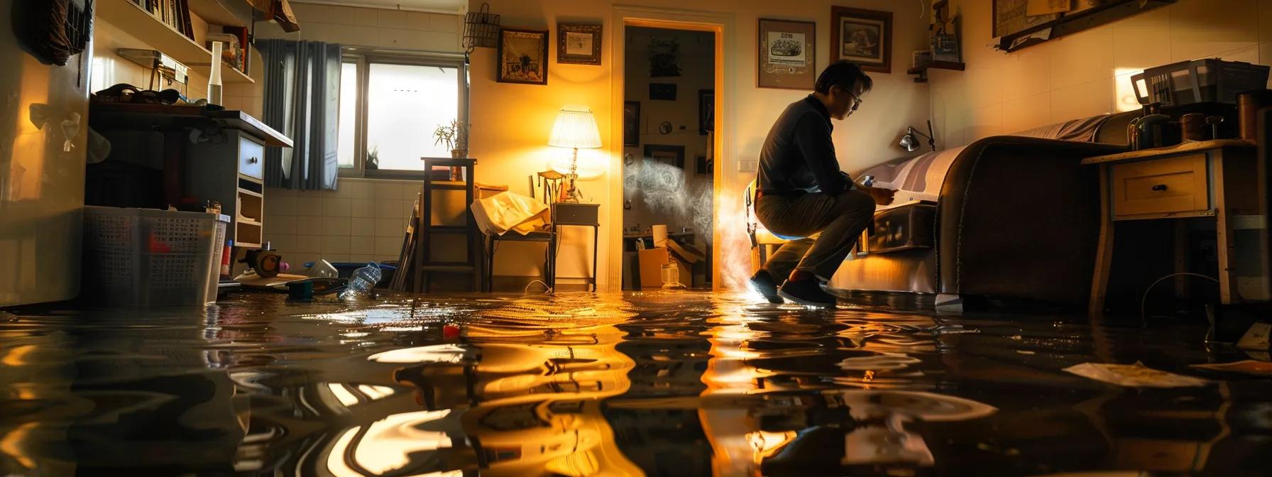 a dramatic indoor scene depicting a concerned homeowner inspecting severe water damage on walls and floors, with elevated water bills and suspicious pipe noises accentuating the urgency of a plumbing emergency in a modern middlesex home.