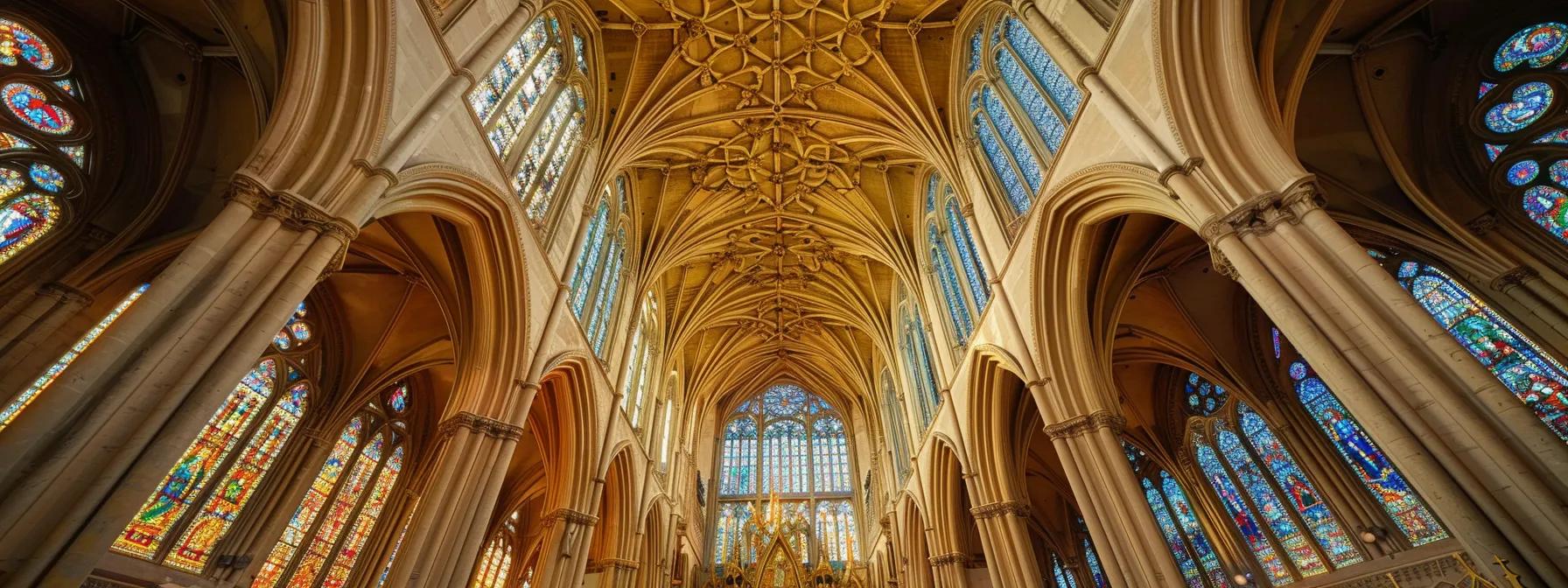 a dramatic interior view of a gothic cathedral, showcasing soaring vaulted ceilings, intricate stained glass windows casting vivid light patterns, and ornate stone carvings that highlight its structural grandeur.