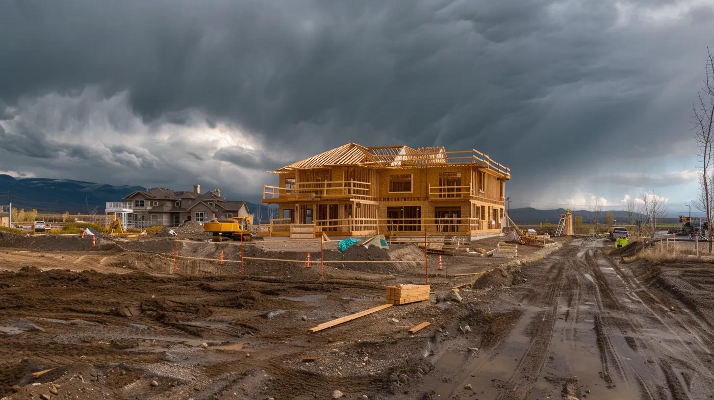 a dramatic scene of a construction site under a stormy sky, featuring a half-built custom home surrounded by warning signs and halted work, highlighting the perilous consequences of skipping building permits. a dramatic scene of a construction site under a stormy sky, featuring a half-built custom home surrounded by warning signs and halted work, highlighting the perilous consequences of skipping building permits.
