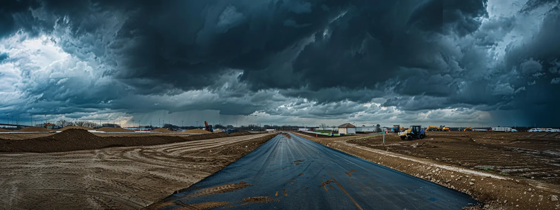 a dramatic scene of a commercial paving site under a stormy sky, showcasing ongoing asphalt work amid looming dark clouds, highlighting the challenges faced by contractors. a dramatic scene of a commercial paving site under a stormy sky, showcasing ongoing asphalt work amid looming dark clouds, highlighting the challenges faced by contractors.