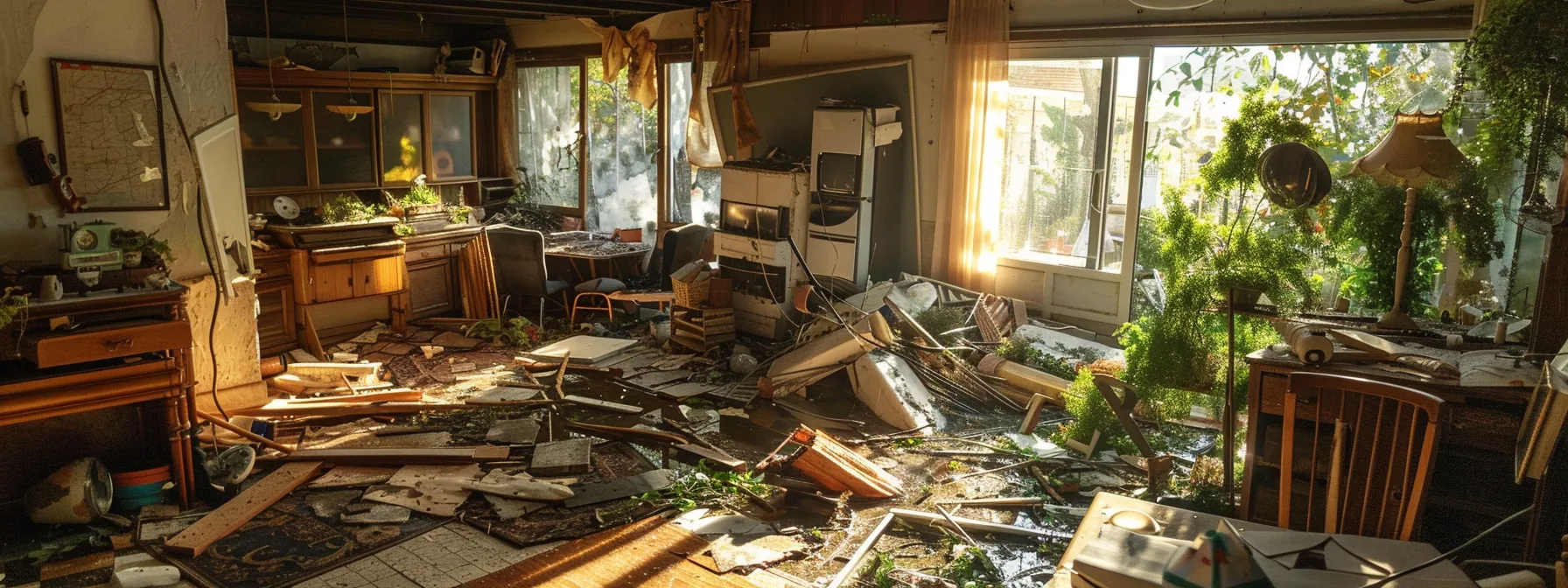 a dramatic scene of a devastated property reveals the aftermath of a storm, with scattered debris, waterlogged interiors, and overgrown vegetation illuminated by soft, golden hour light, emphasizing the urgent need for restoration and recovery. a dramatic scene of a devastated property reveals the aftermath of a storm, with scattered debris, waterlogged interiors, and overgrown vegetation illuminated by soft, golden hour light, emphasizing the urgent need for restoration and recovery.