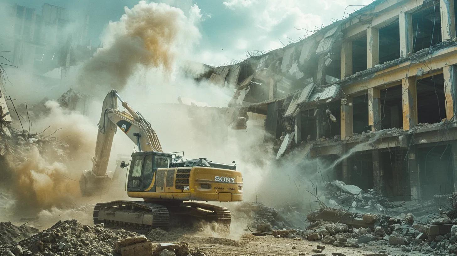 a dramatic scene of a crumbling building enveloped in dust, with heavy machinery actively engaged in emergency demolition under a brooding sky, highlighting the urgency and intensity of structural failures. a dramatic scene of a crumbling building enveloped in dust, with heavy machinery actively engaged in emergency demolition under a brooding sky, highlighting the urgency and intensity of structural failures.