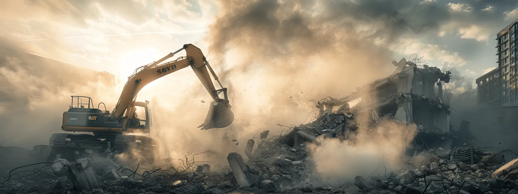a dramatic scene showcases a carefully executed residential demolition, with towering machinery methodically dismantling a structure amidst a cloud of minimized dust, highlighting the balance of safety and efficiency in urban construction. a dramatic scene showcases a carefully executed residential demolition, with towering machinery methodically dismantling a structure amidst a cloud of minimized dust, highlighting the balance of safety and efficiency in urban construction.