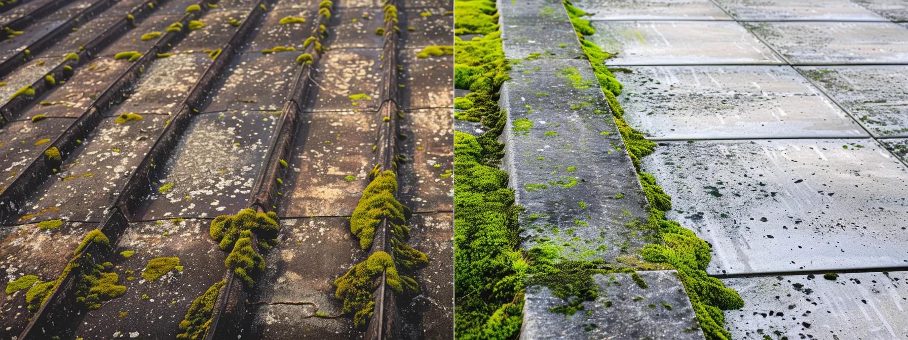 a dramatic side-by-side comparison of a moss-covered, grimy commercial roof before pressure washing, transformed into a pristine, shining surface, highlighting the striking effectiveness of professional cleaning services under bright, natural lighting. a dramatic side-by-side comparison of a moss-covered, grimy commercial roof before pressure washing, transformed into a pristine, shining surface, highlighting the striking effectiveness of professional cleaning services under bright, natural lighting.