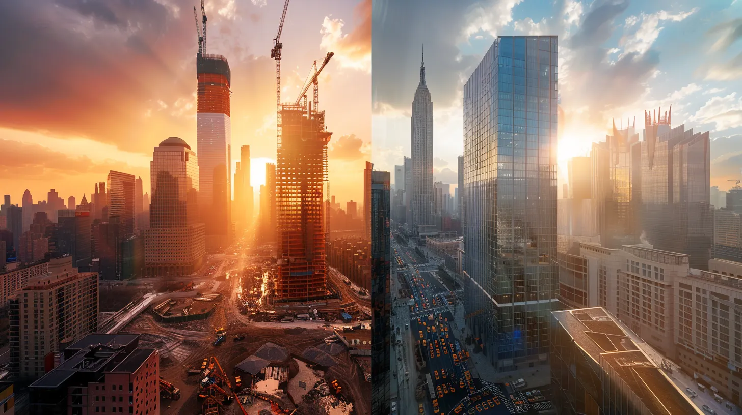 a dramatic split-image contrast featuring a bustling local construction site showcasing personalized craftsmanship on one side and a sleek, corporate high-rise representing a national firm on the other, illuminated by warm afternoon sunlight.