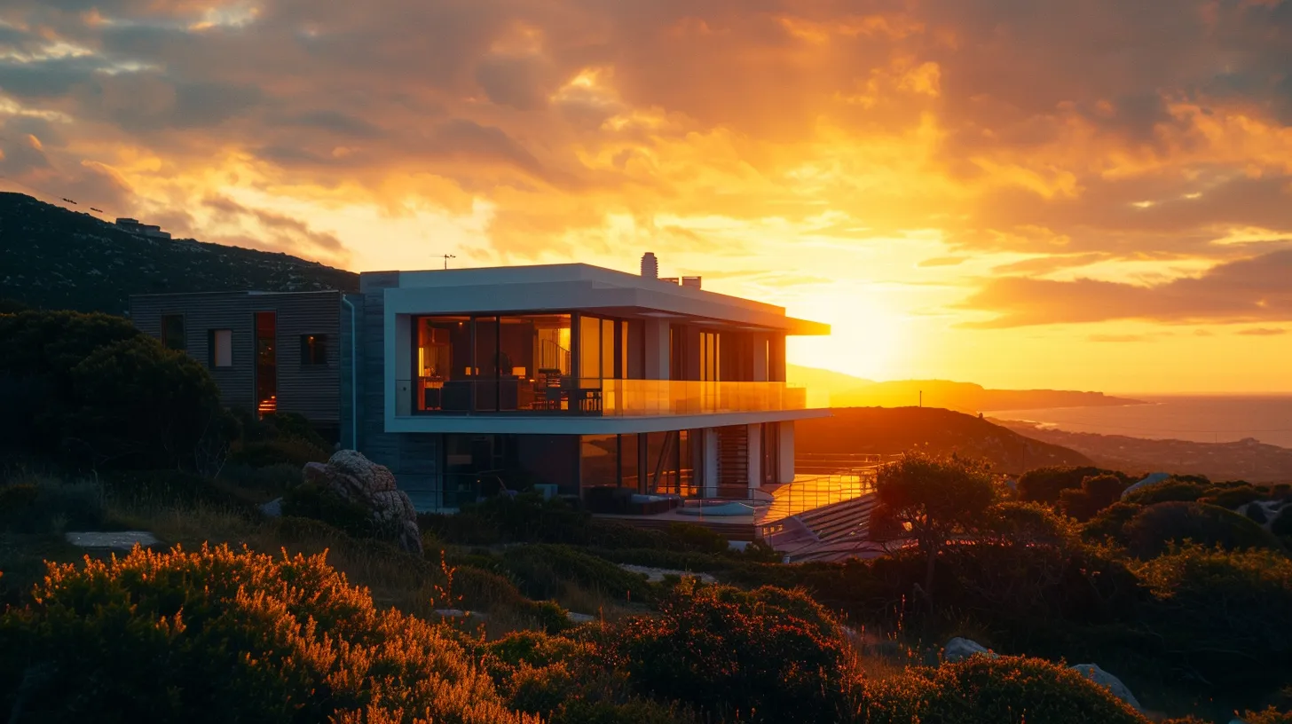 a dramatic sunset casts warm hues over a modern home, symbolizing the impact of glowing customer reviews, with a glowing review score prominently displayed in the foreground. a dramatic sunset casts warm hues over a modern home, symbolizing the impact of glowing customer reviews, with a glowing review score prominently displayed in the foreground.