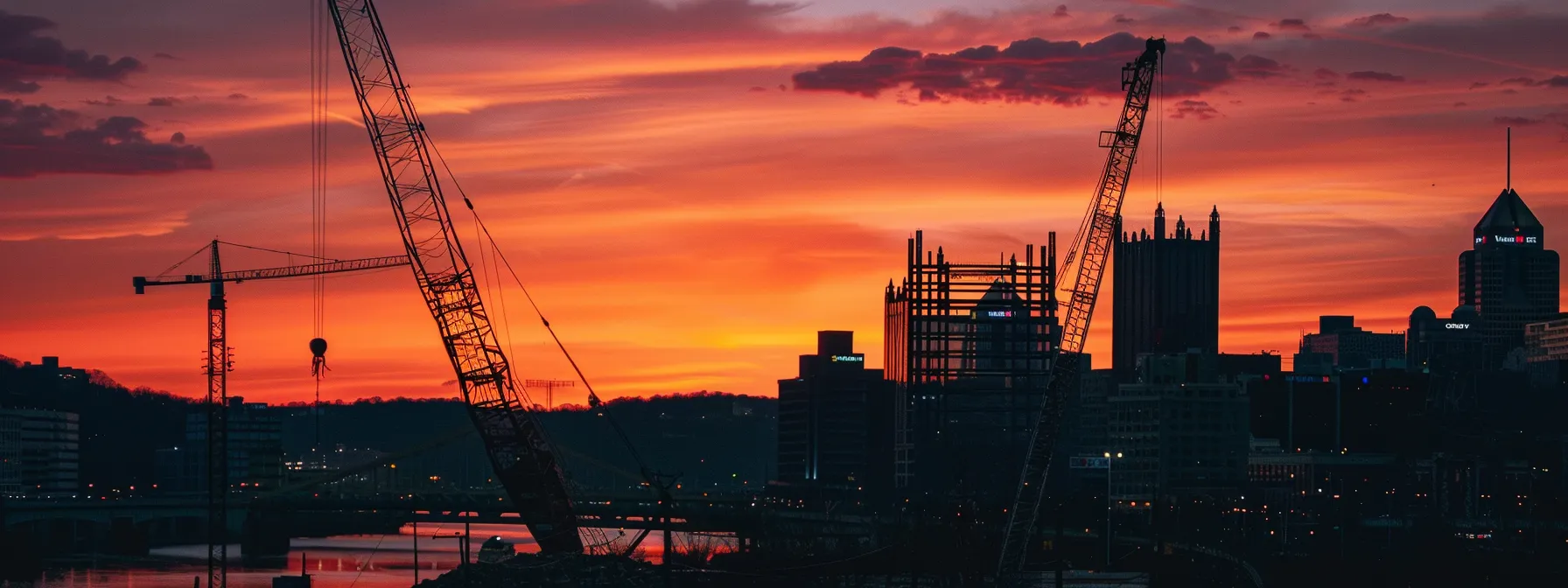a dramatic sunset illuminates the skyline of pittsburgh, highlighting the impressive silhouette of a high-rise building being carefully demolished, with cranes and modern machinery working in harmony against a backdrop of historic structures. a dramatic sunset illuminates the skyline of pittsburgh, highlighting the impressive silhouette of a high-rise building being carefully demolished, with cranes and modern machinery working in harmony against a backdrop of historic structures.