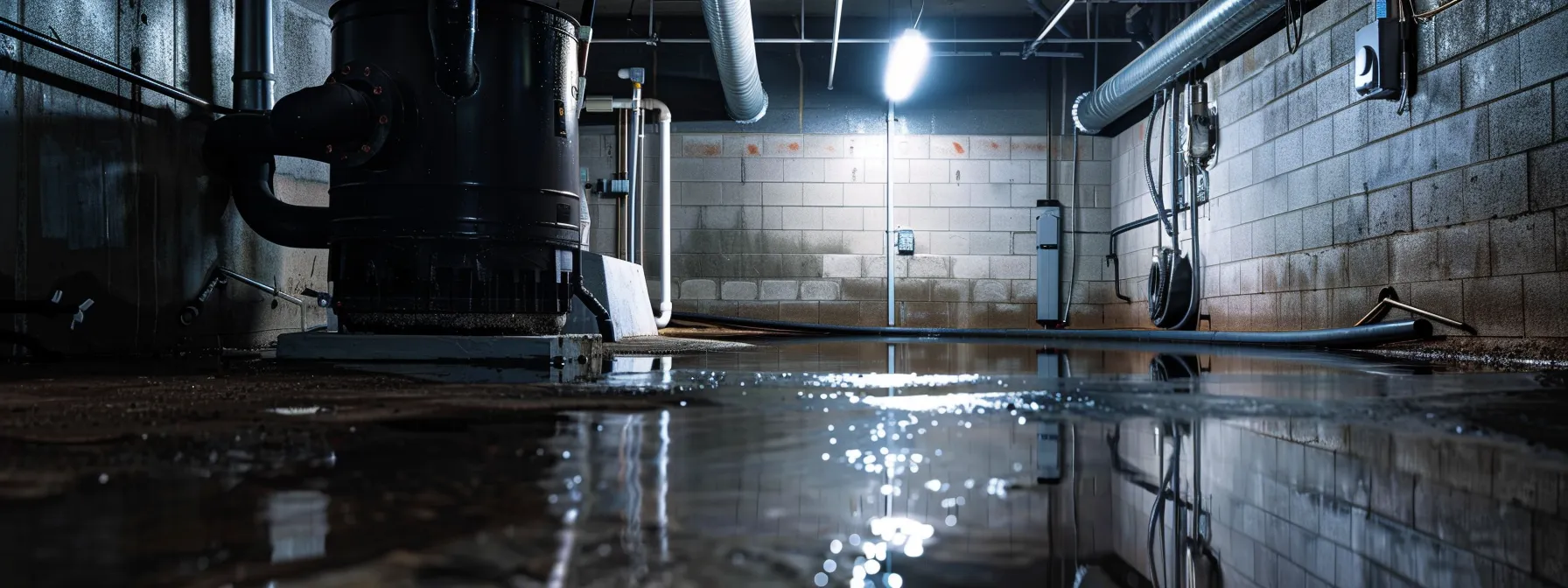 a dramatic underground view of a freshly waterproofed basement showcasing gleaming sump pumps and robust drainage pipes, illuminated by soft ambient lighting to emphasize the contrast between moisture and structural security. a dramatic underground view of a freshly waterproofed basement showcasing gleaming sump pumps and robust drainage pipes, illuminated by soft ambient lighting to emphasize the contrast between moisture and structural security.