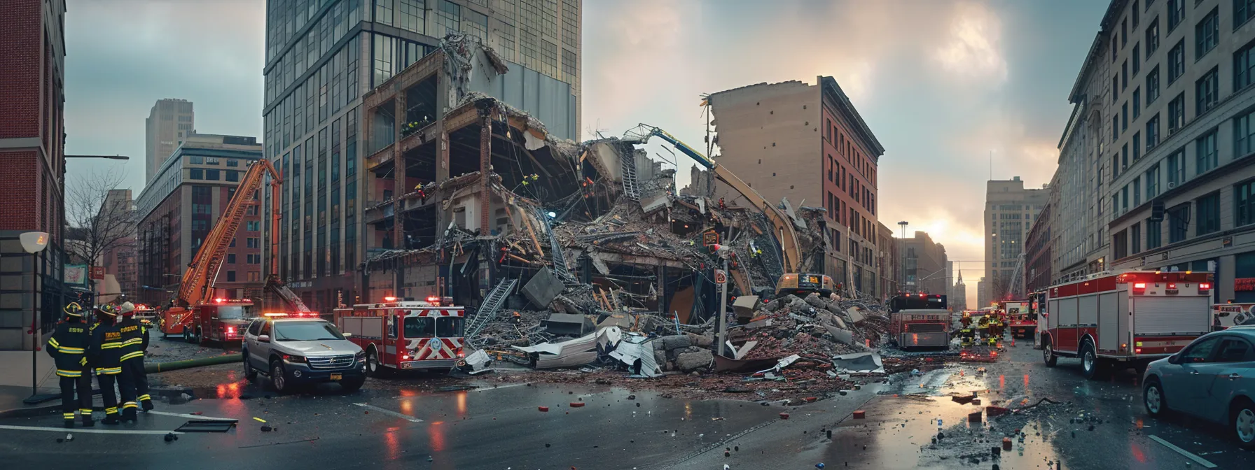 a dramatic urban scene in pittsburgh showcasing a heavily damaged building surrounded by emergency vehicles and crews clad in safety gear, emphasizing the urgency of emergency demolition services in a hazardous environment.