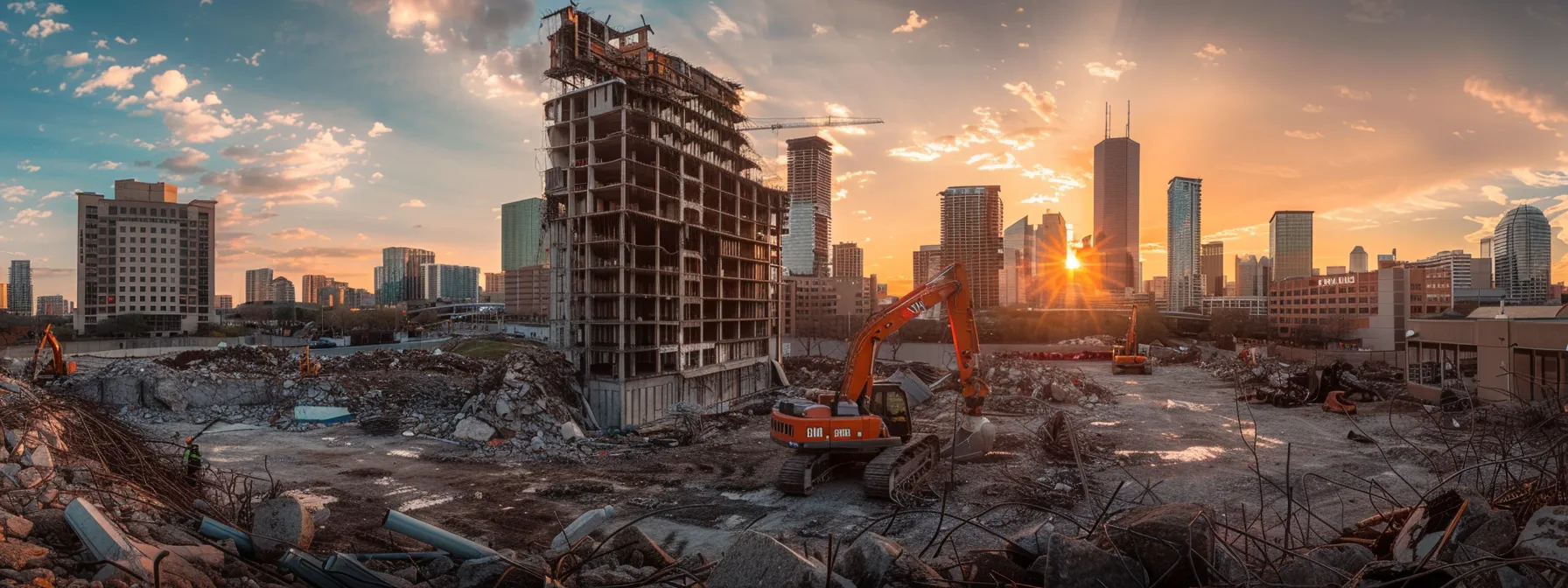 a dramatic urban skyline reveals a large, partially demolished commercial building, showcasing robust machinery at work, under a golden sunset that highlights the transformation and efficiency of modern demolition practices.