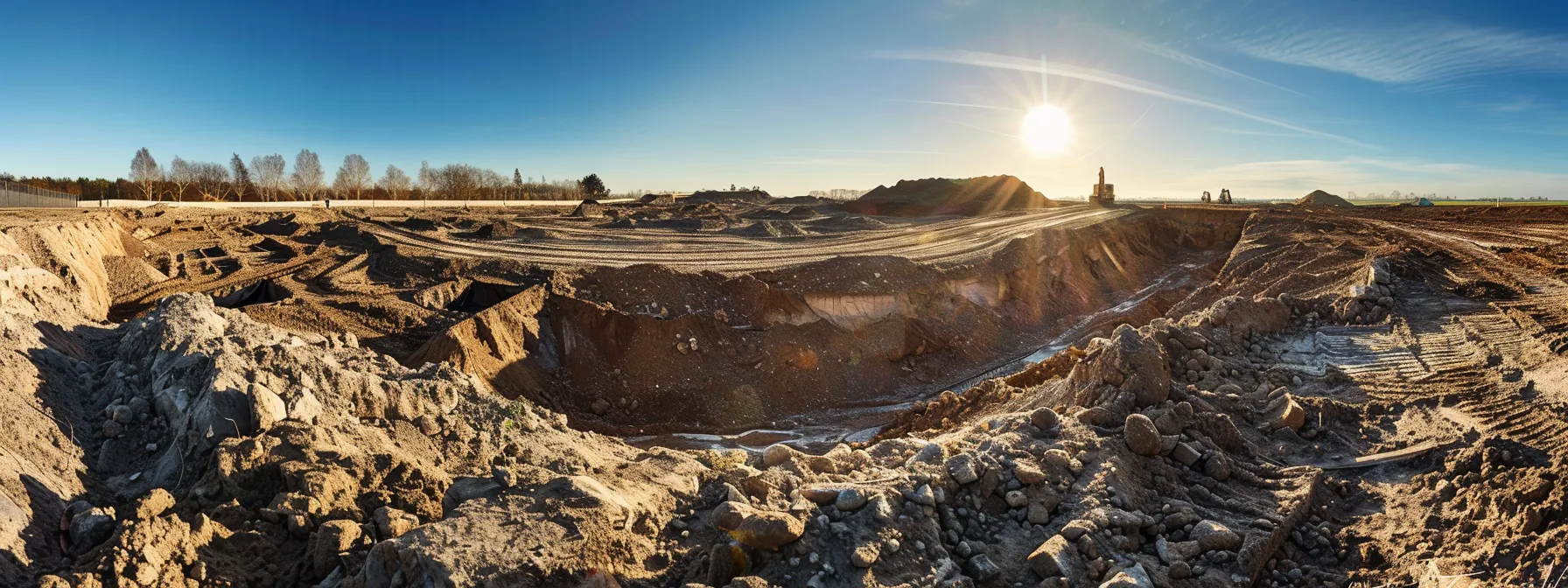 a dramatic view of a foundation excavation site, showcasing deep, freshly dug trenches flanked by rich, earthy soil, under a clear blue sky with sunlight casting dynamic shadows, emphasizing the importance of structural preparation and stability. a dramatic view of a foundation excavation site, showcasing deep, freshly dug trenches flanked by rich, earthy soil, under a clear blue sky with sunlight casting dynamic shadows, emphasizing the importance of structural preparation and stability.