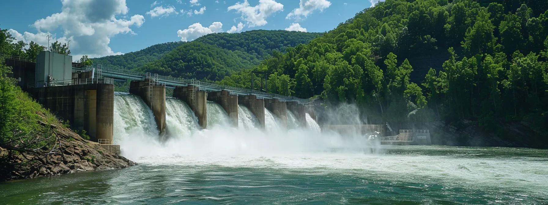 a dramatic view of the ocoee river's intense rapids, framed by lush green hills and a clear blue sky, capturing the powerful flow controlled by the tennessee valley authority's dam operations at midday.