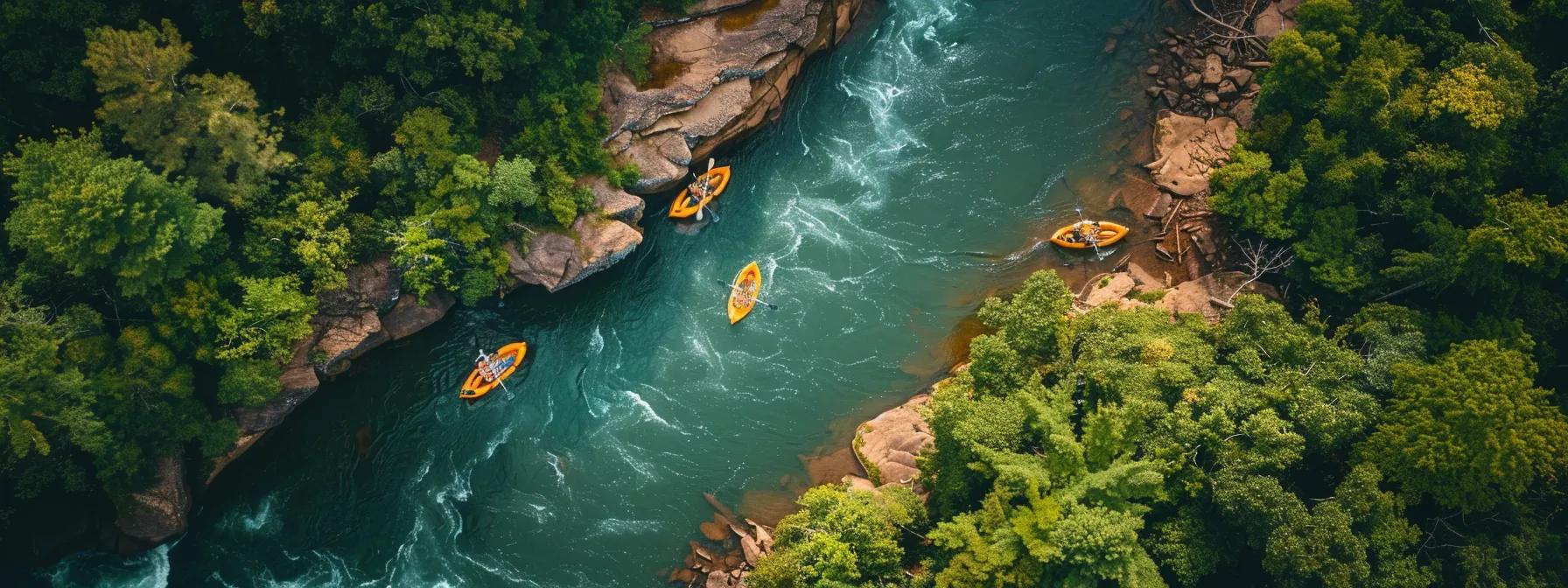 a dynamic aerial view captures the roaring whitewater rapids of the ocoee river, framed by lush, verdant hills, with colorful rafts navigating the thrilling currents, symbolizing the exhilarating journey of commercial rafting's growth and adventure in east tennessee.