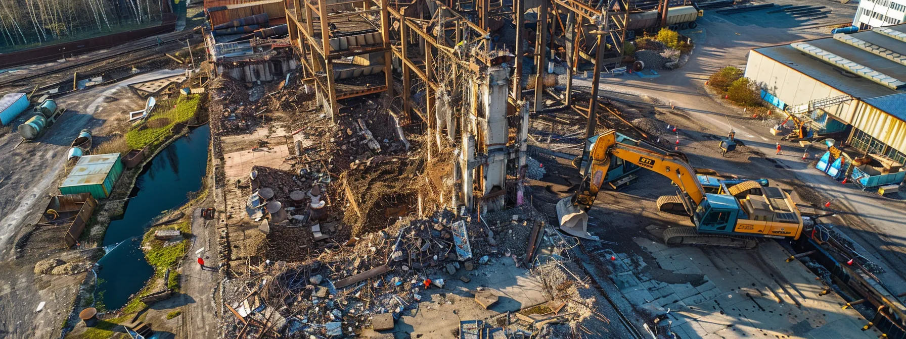 a dynamic aerial view captures a demolition site, showcasing towering structures being safely dismantled under the watchful eye of professionals equipped with vibrant safety gear amidst a backdrop of clear blue sky and stark industrial surroundings. a dynamic aerial view captures a demolition site, showcasing towering structures being safely dismantled under the watchful eye of professionals equipped with vibrant safety gear amidst a backdrop of clear blue sky and stark industrial surroundings.