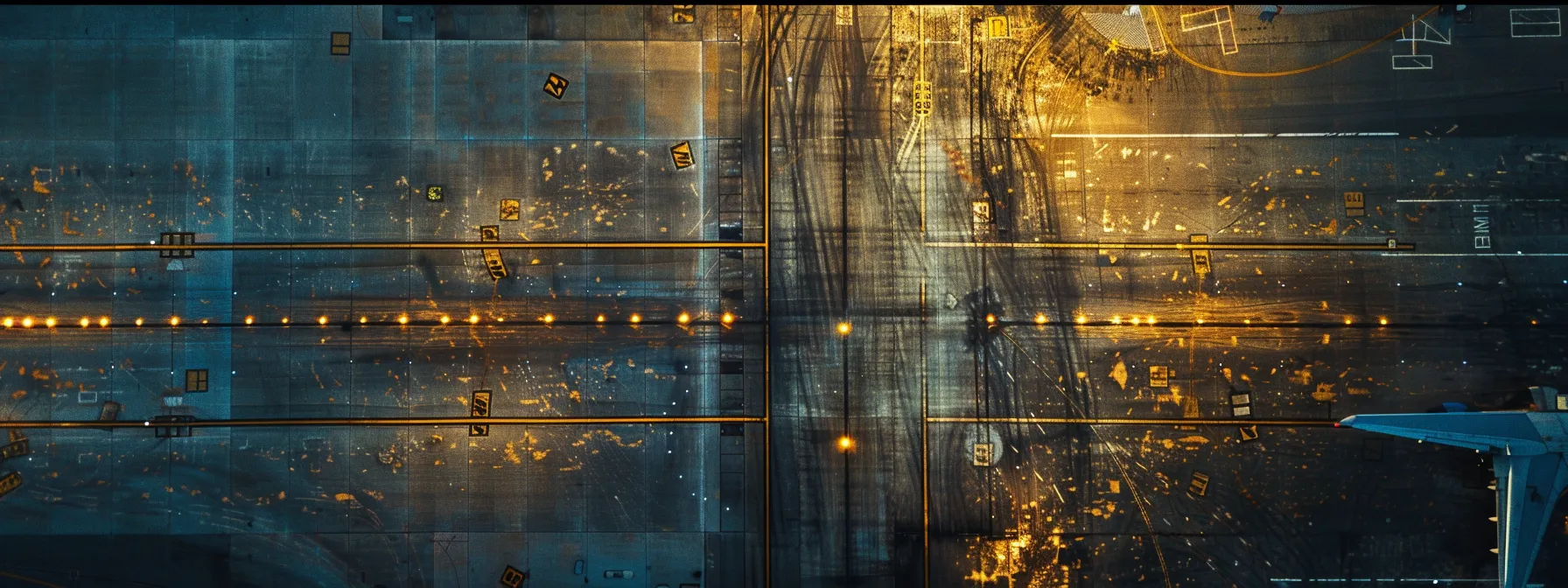 a dynamic aerial view of a busy san diego airport runway, showcasing sleek asphalt surfaces under bright overhead lighting, seamlessly connecting aircraft operations and the urban landscape beyond.