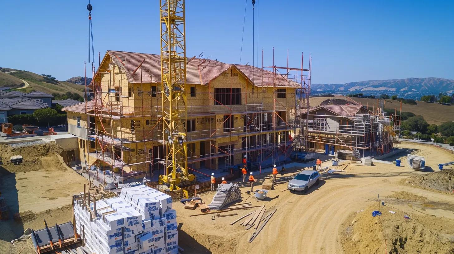 a dynamic aerial view of a construction site bustling with activity, showcasing cranes, scaffolding, and workers diligently progressing on a custom home build under a bright blue sky, emphasizing the importance of effective project management. a dynamic aerial view of a construction site bustling with activity, showcasing cranes, scaffolding, and workers diligently progressing on a custom home build under a bright blue sky, emphasizing the importance of effective project management.
