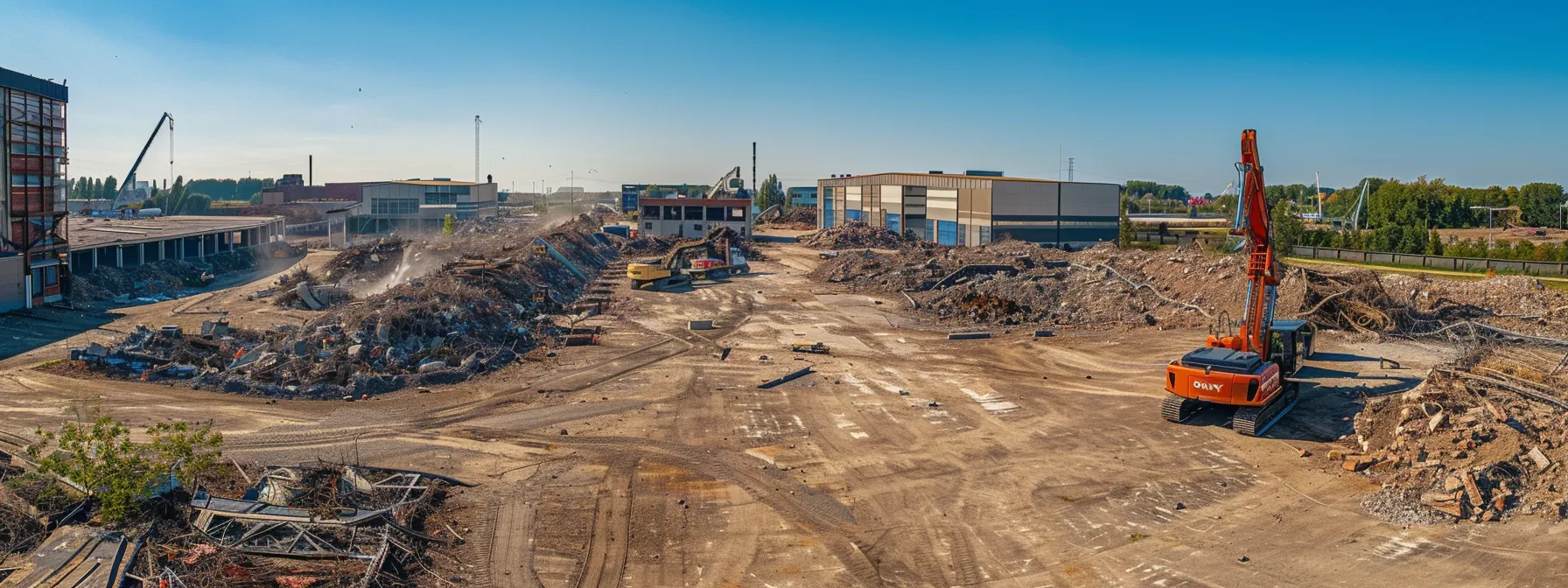 a dynamic aerial view of a modern demolition site, showcasing robust machinery in action against a clear blue sky, symbolizes the transformation and growth potential of businesses refining their online strategies.