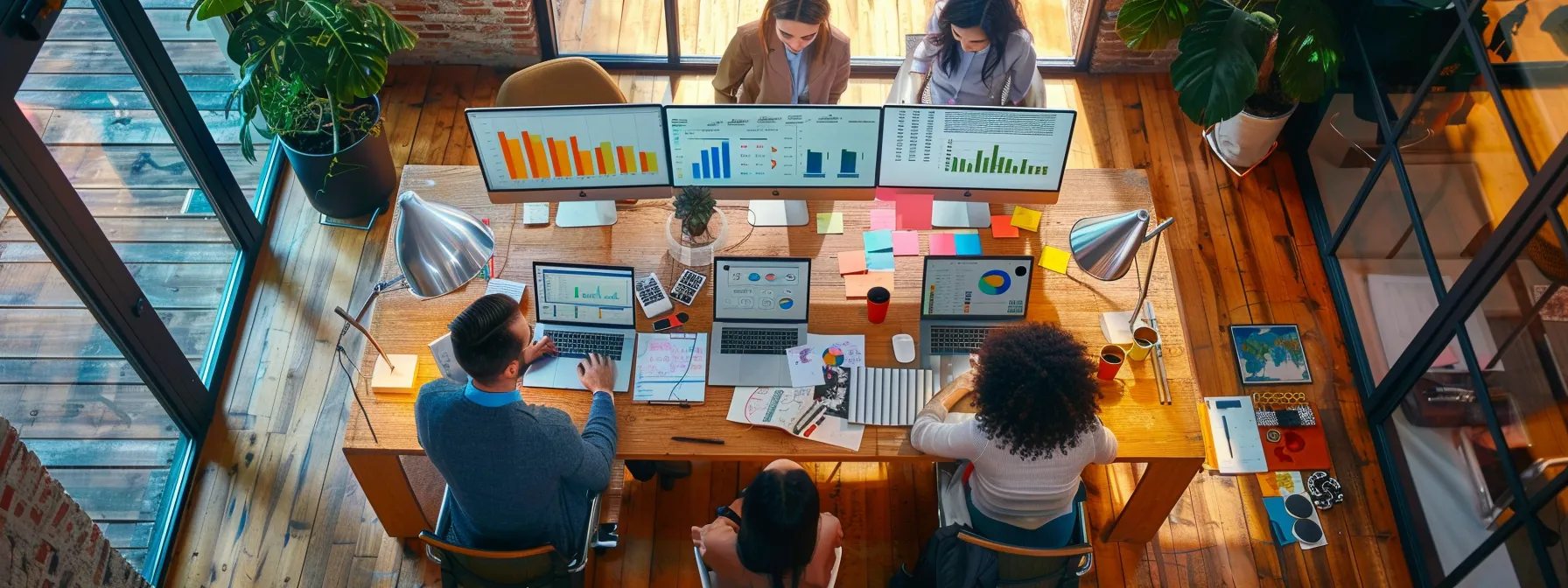 a dynamic and engaging digital marketing workspace features diverse professionals collaborating over a vibrant and detailed presentation of target audience profiles, surrounded by colorful charts and graphs related to ppc campaigns in demolition services.