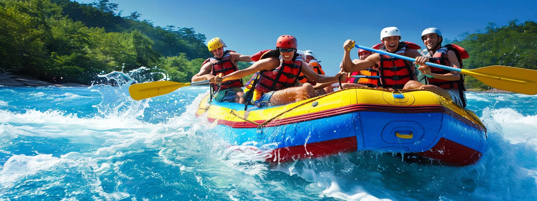 a dynamic and exhilarating scene captures rafters maneuvering through the roaring rapids of the middle ocoee river, with adventure-seekers in vibrant life vests showcasing their excitement against the backdrop of a clear blue sky and distant hills.