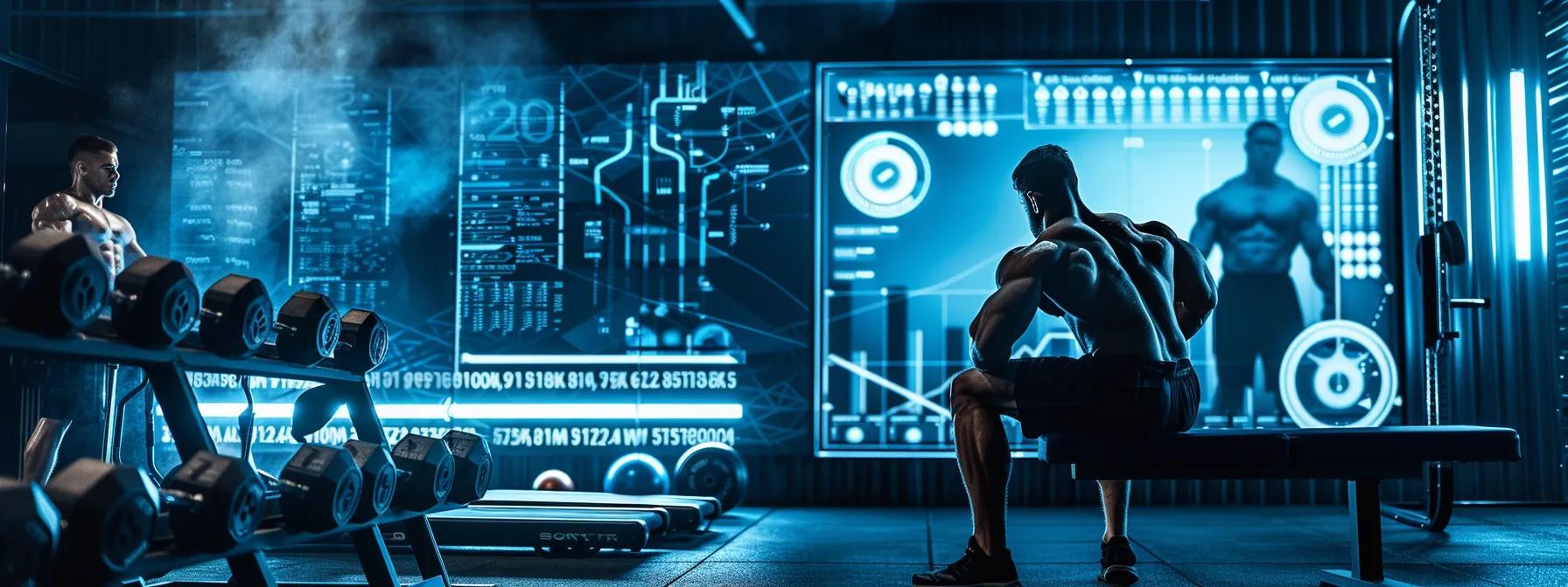 A dynamic and modern gym setting showcasing two muscular athletes engaged in intense training, with SARMs and creatine supplements prominently featured on a sleek bench in the foreground, highlighting the contrast in their effects on muscle growth.